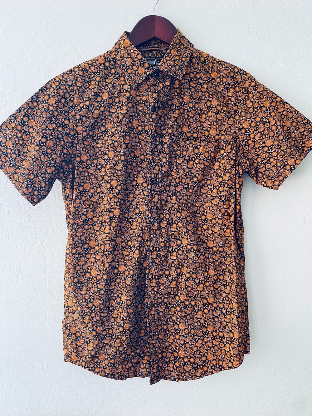 Monument Sugar Skull Graphic Button Up Mens Shirt Small Navy Yellow Short Sleeve